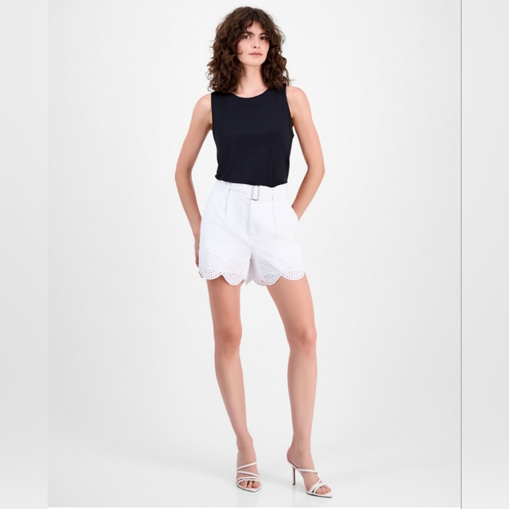 INC WOMEN'S COTTON SCALLOPED HIGH RISE BELTED SHORTS IN WHITE NWT